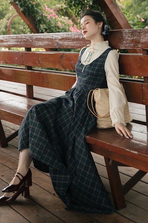 Dark Green Vintage Plaid Print Embroidery Fake Two Pieces High Waisted Classic Lolita Dress