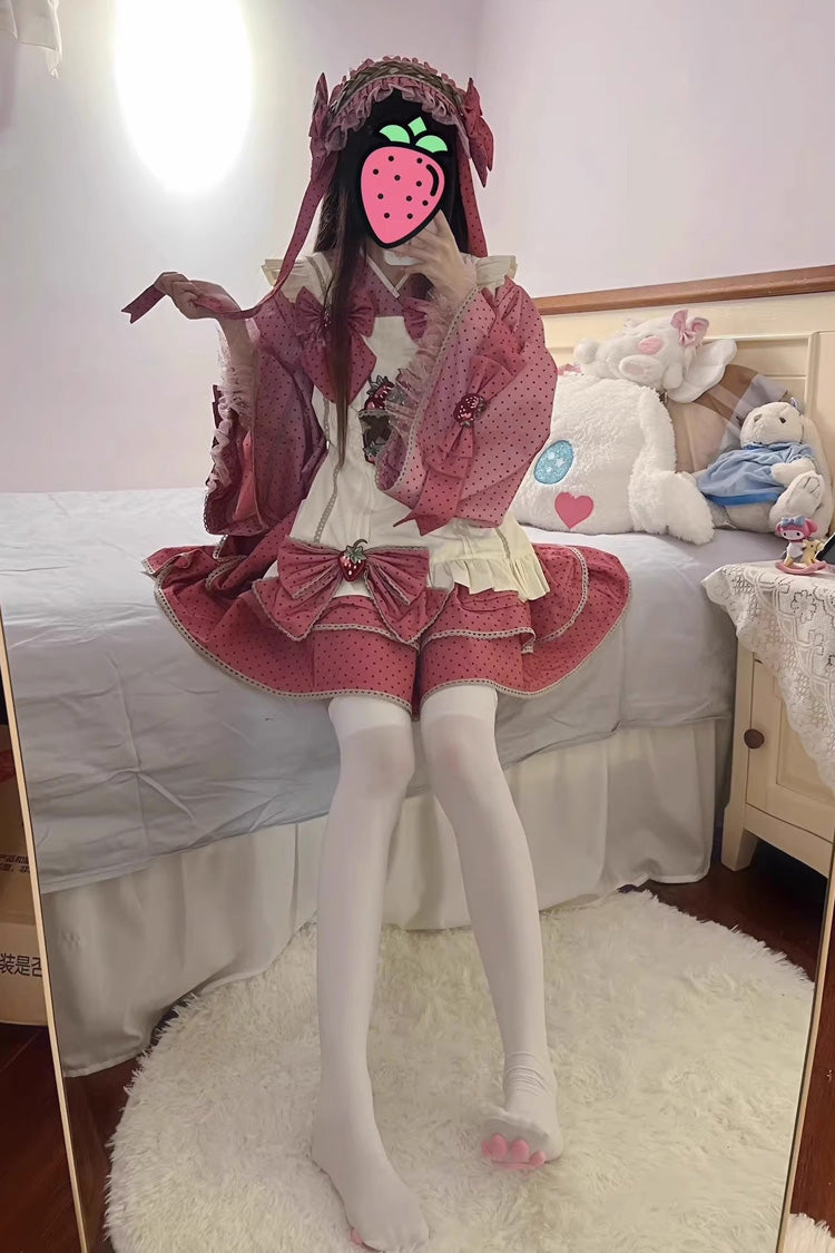 Pink Multi-layer Strawberry Polka Dot Print Bowknot Princess Sweet Lolita Skirt Set