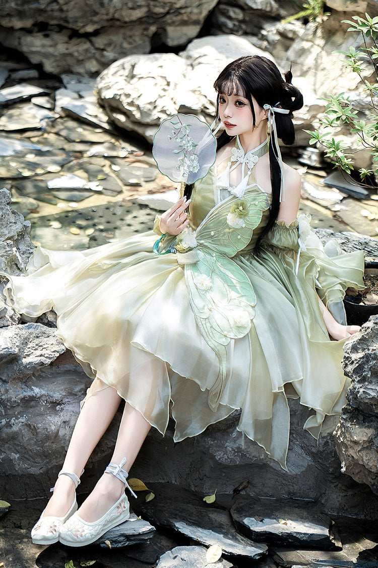 Green Halterneck Sleeveless Bowknot Lace Irregular Sweet Chinese Style Lolita Jsk Dress