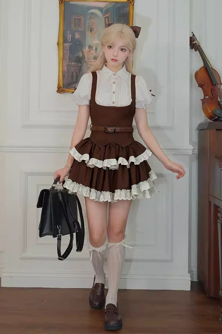 Brown Coco Love Letter Double-Layered Ruffle Lace Sweet College Style Lolita Skirt Set