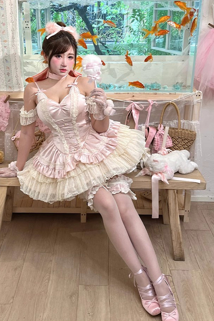 Pink Ballet Cat Multi-Layered Ruffle Bowknot Lace Sweet Ballet Lolita Jsk Dress