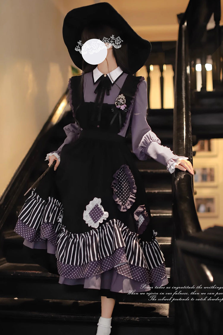 Black Witch Academy Double-Layered Stripe Print Ruffle Bowknot Irregular Sweet Lolita Jumper Dress