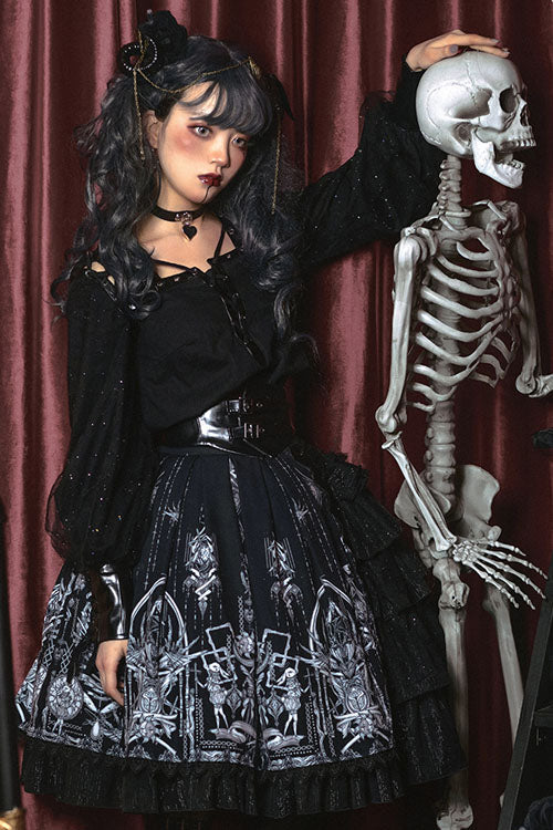 Dark Black Eye Of Red Heart Print High Waisted Gothic Lolita Skirt Dress