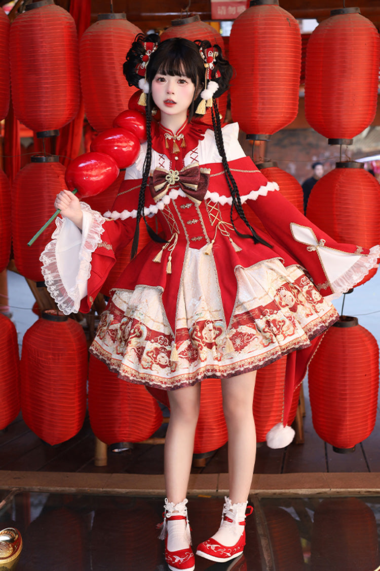 Red New Year Print Ruffle Bowknot Lace-Up Sweet Chinese Style Lolita Jsk Dress