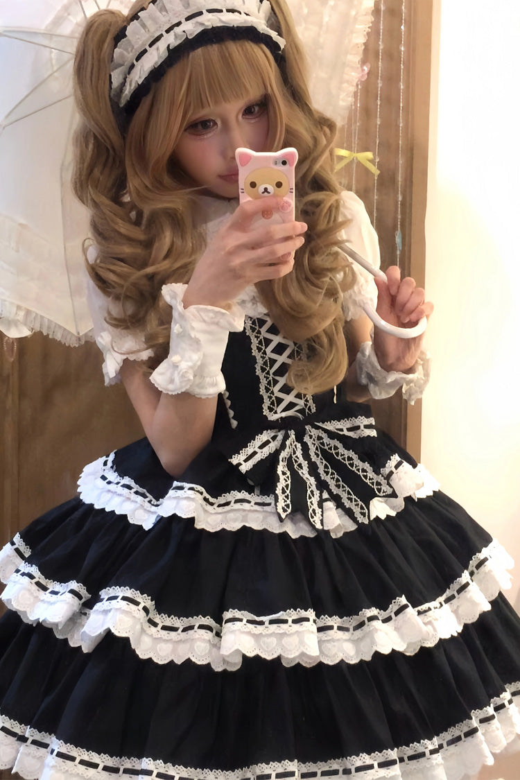 Black Maiden Heart Triple-Layered Ruffle Bowknot Lace Sweet Lolita Jsk Dress