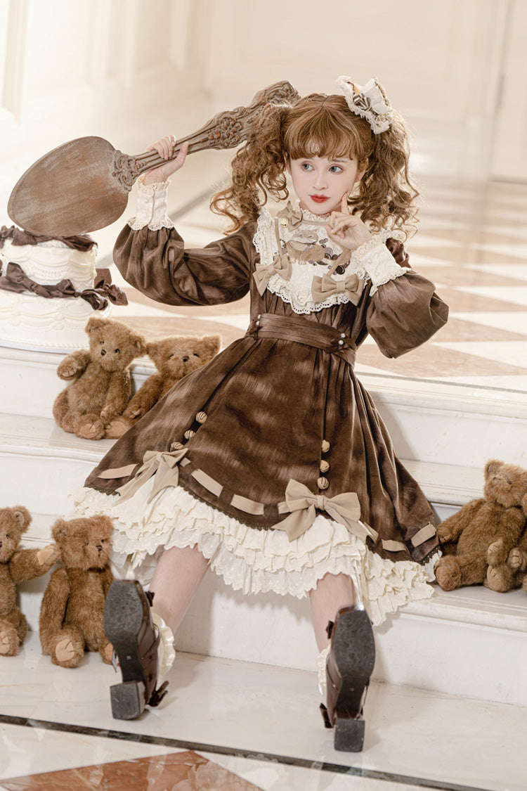 Brown Chocolate Cat Print Long Sleeves Ruffle Bowknot Sweet Lolita Dress