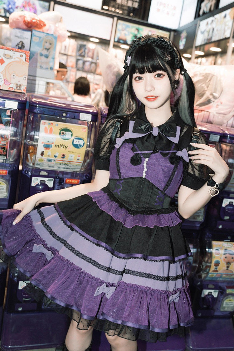 Black/Purple Cotton Cloud Lapel Collar Ruffle Bowknot Lace-Up Gothic Lolita Jsk Dress