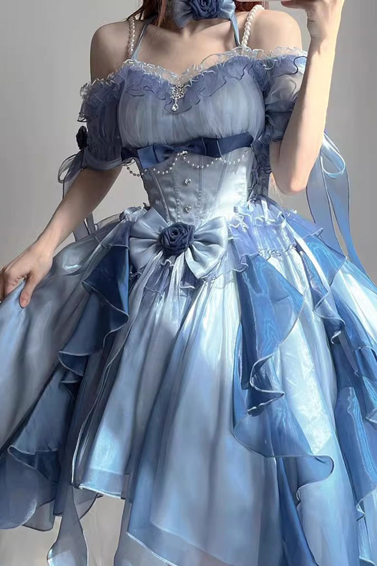 Blue Short Sleeves Hanayome Bowknot Sweet Elegant Princess Lolita Dress