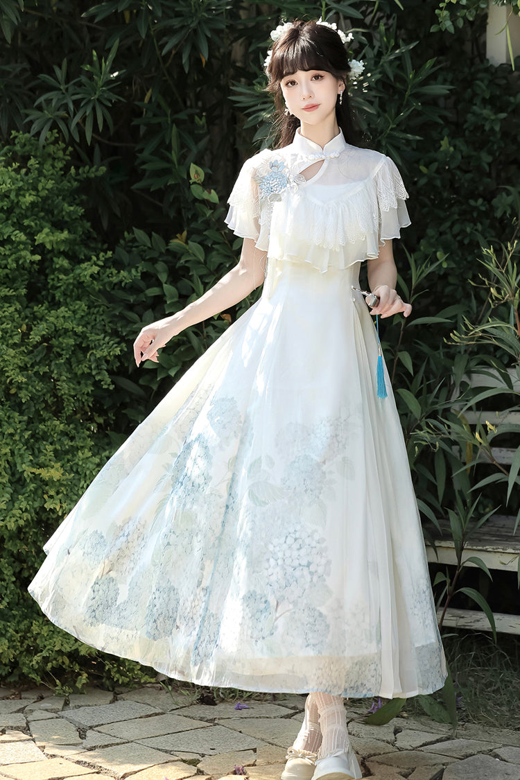 White Hydrangea Message Short Sleeves Print Ruffle Lace Sweet Chinese Style Elegant Lolita Dress