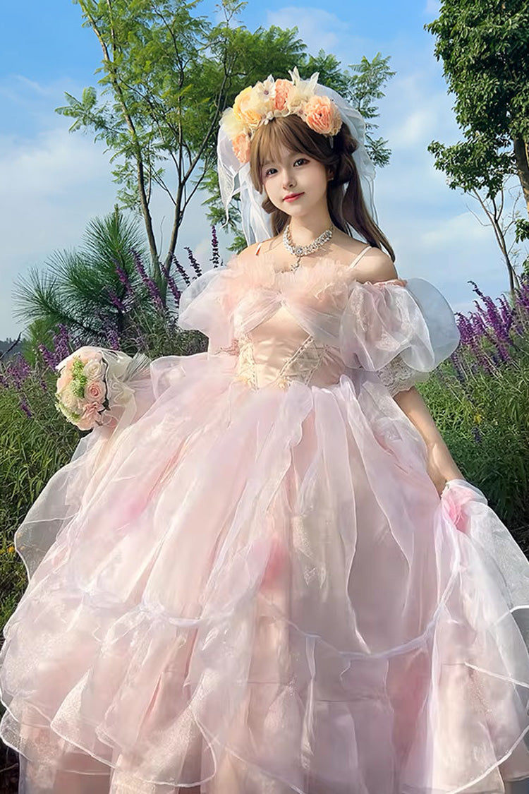 Pink Off Shoulder Short Sleeves Multi-Layered Ruffle Hanayome Bowknot Lace Sweet Plus Size Lolita Dress