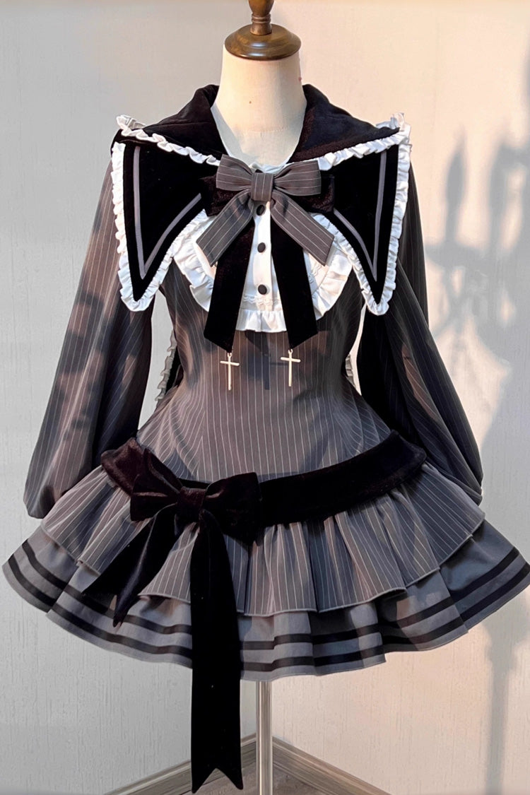 Black Bizarre Rabbit Opera Navy Collar Long Sleeves Print Ruffle Bowknot Gothic Lolita Dress