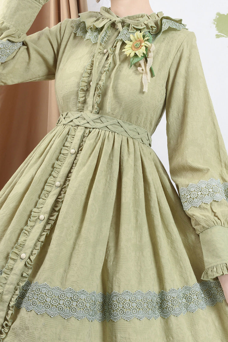 Spring Dawn Long Sleeves Jacquard Ruffle Bowknot Sweet Vintage Lolita Dress 3 Colors