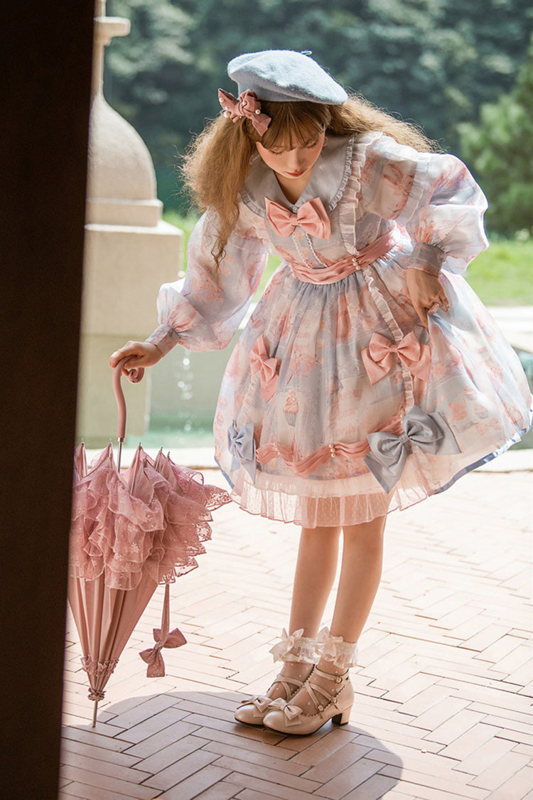Pink/Blue Doll Collar Long Sleeves Rabbit Candy Paper Print High Waisted Sweet Lolita OP Dress
