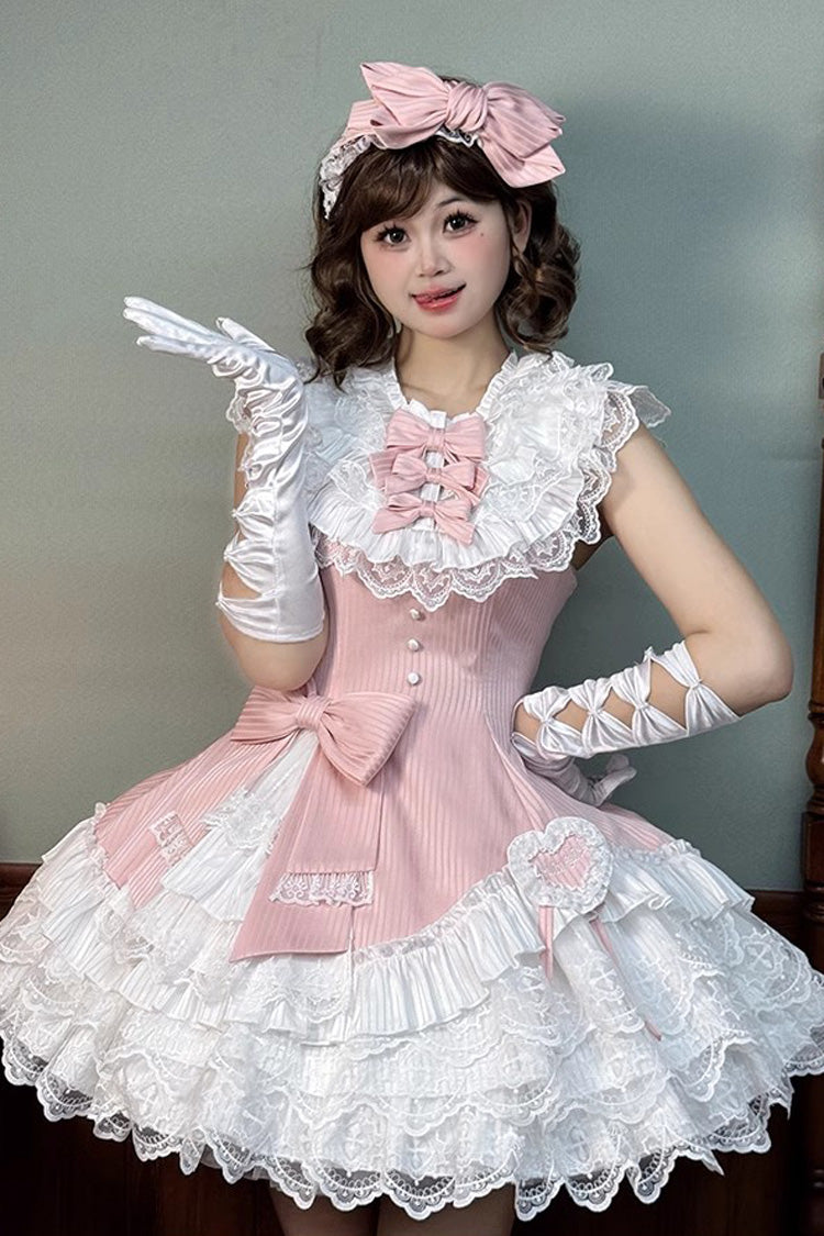 Pink Miss Tsundere Sleeveless Multi-Layered Ruffle Bowknot Lace Asymmetric Sweet Princess Lolita Dress