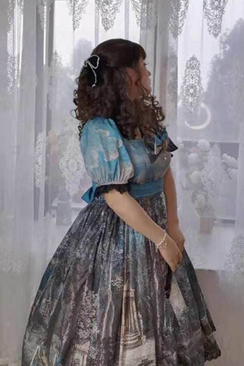 Multi-Color Square Collar Lace Short Sleeves Oil Painting Print Plus Size High Waisted Classic Lolita OP Dress