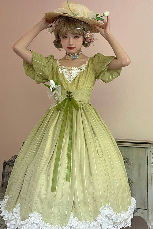 Green Elegant Vintage Square Collar Short Sleeves Multi-Layer Ruffled Classic Lolita OP Dress