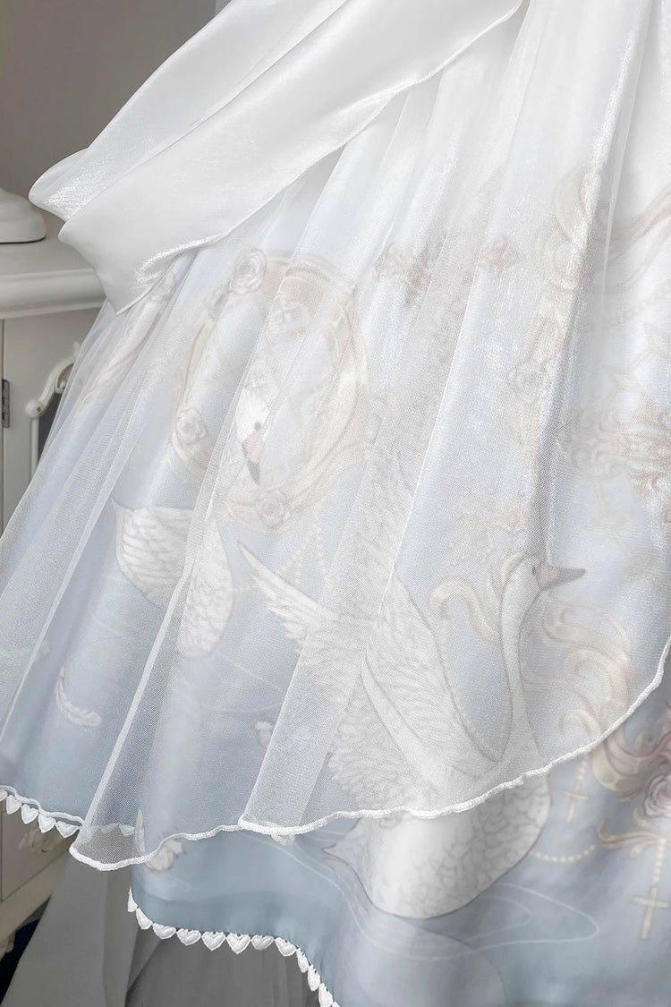 White/Blue Flower and Letter Swan Lake Print Ruffle Bowknot Elegant Lolita Jsk Dress