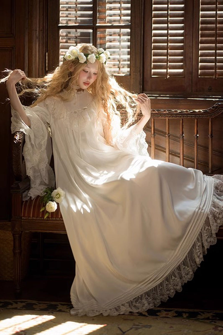 White Long Trumpet Sleeves Ruffle Lace Sweet Elegant Princess Lolita Dress