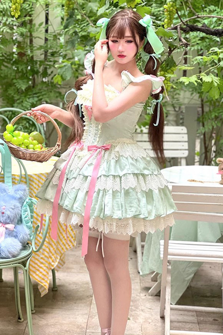 Green Mints Multi-Layered Ruffle Bowknot Lace Sweet Ballet Lolita Dress
