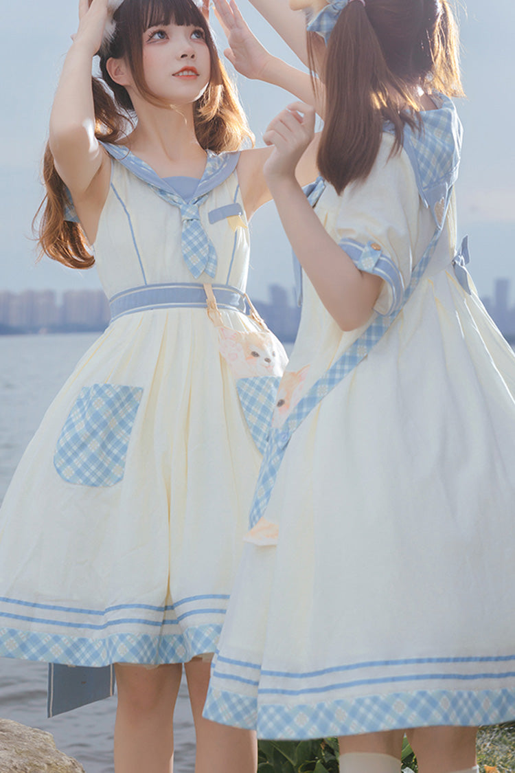 White/Blue Navy Style Cute Animals Print Sweet Princess Lolita Jsk Dress