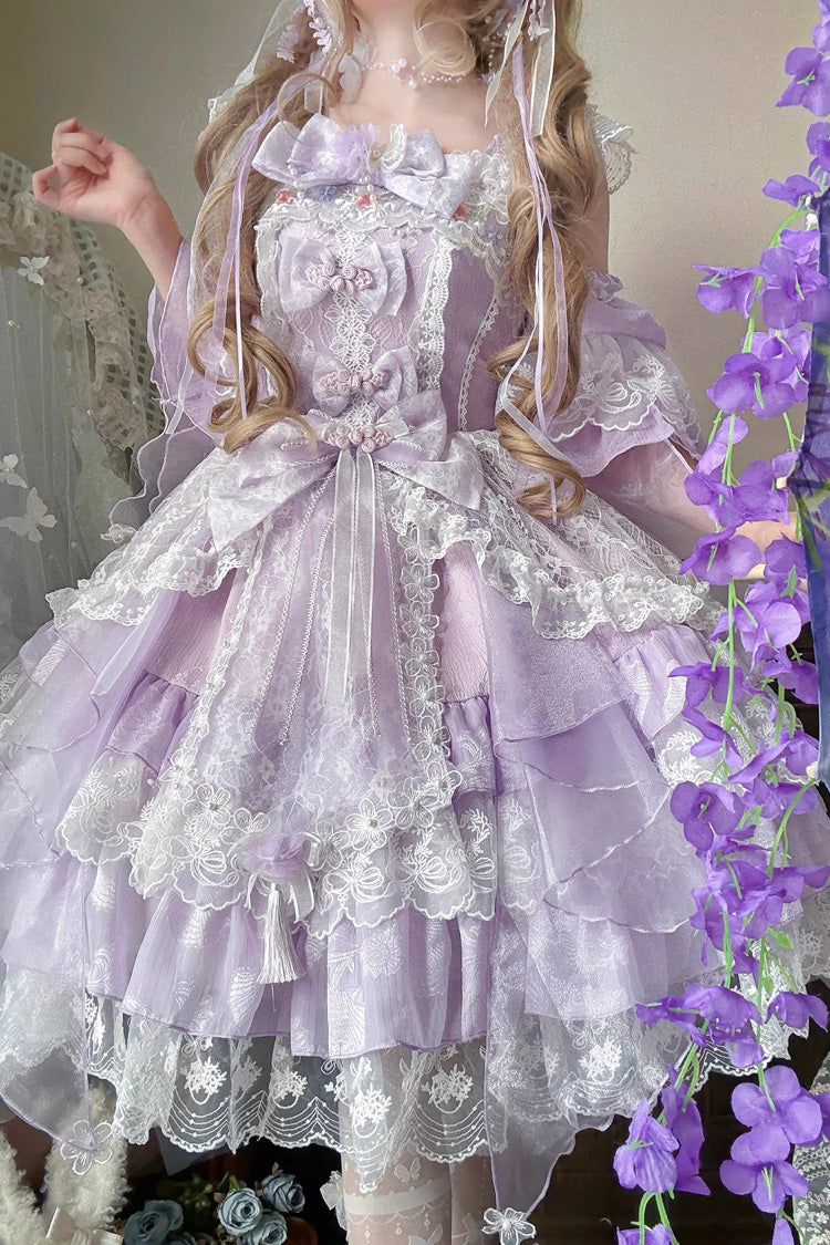 Purple Spring Waters Reflecting Pear Blossoms Ruffled Embroidered Open-Front Bow Lace Sweet Lolita Jsk Dress