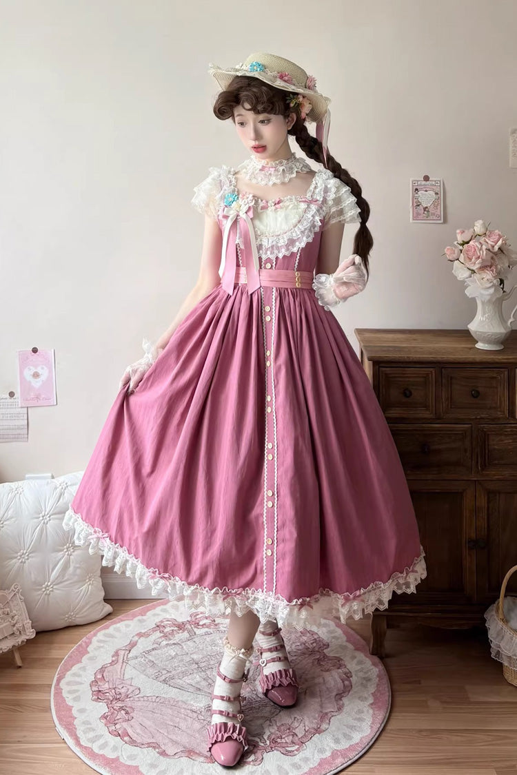 Rose Red Sakura's Spring Resonance Sleeveless Ruffled Bow Sweet Lolita Jsk Dress (Long Version)