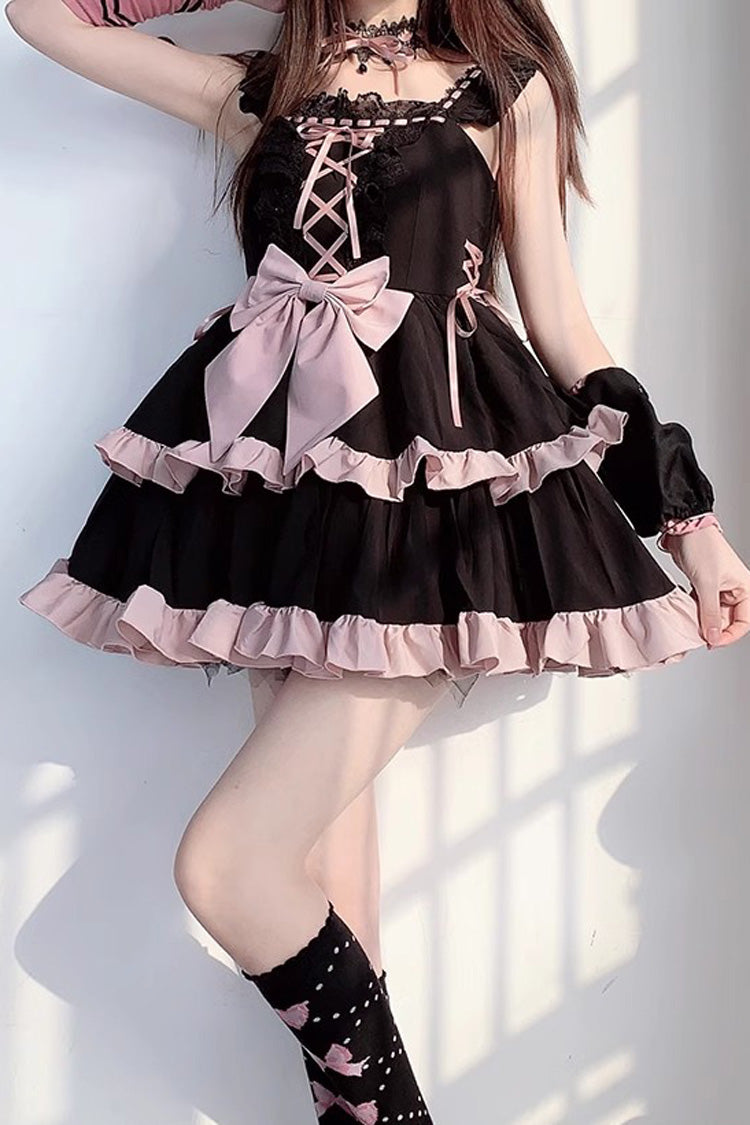 Black/Pink Double Layer Ruffle Bowknot Lace-Up Sweet Princess Lolita Jsk Dress