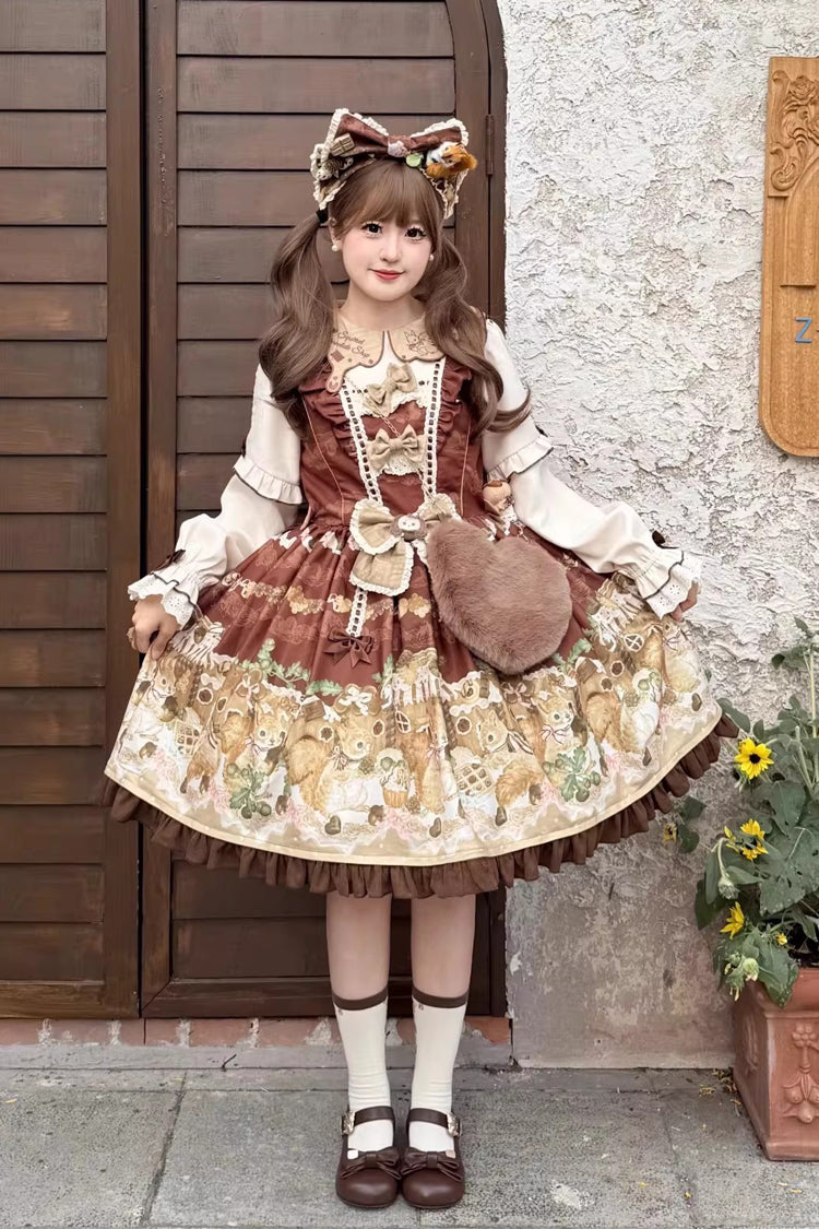 Brown Squirrel Chocolate Shop Doll Collar Long Sleeves Printed Ruffled Bow Sweet Lolita Dress