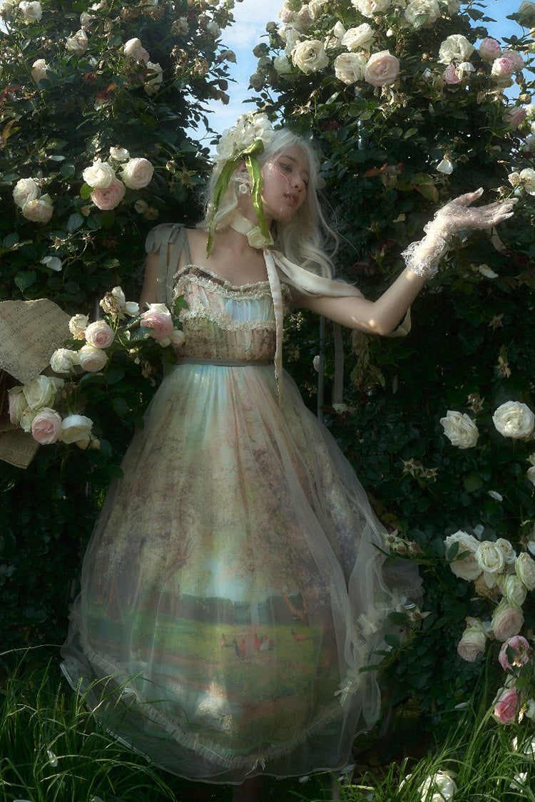 Green Oil Painting – Spring Sleeveless Print Ruffle Bowknot Lace Sweet Lolita Jsk Dress