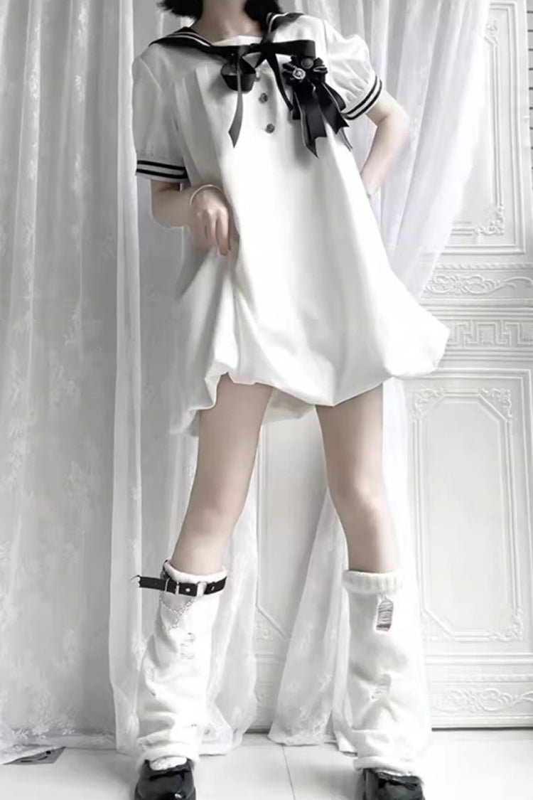 Black/White Old Stories Navy Collar Short Sleeves Bowknot Sweet Lolita Dress