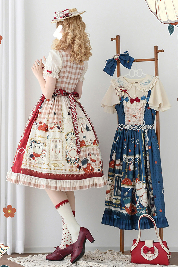 Red Tea Party Short Sleeves Print Ruffle Bowknot Lace Sweet Elegant Lolita Dress