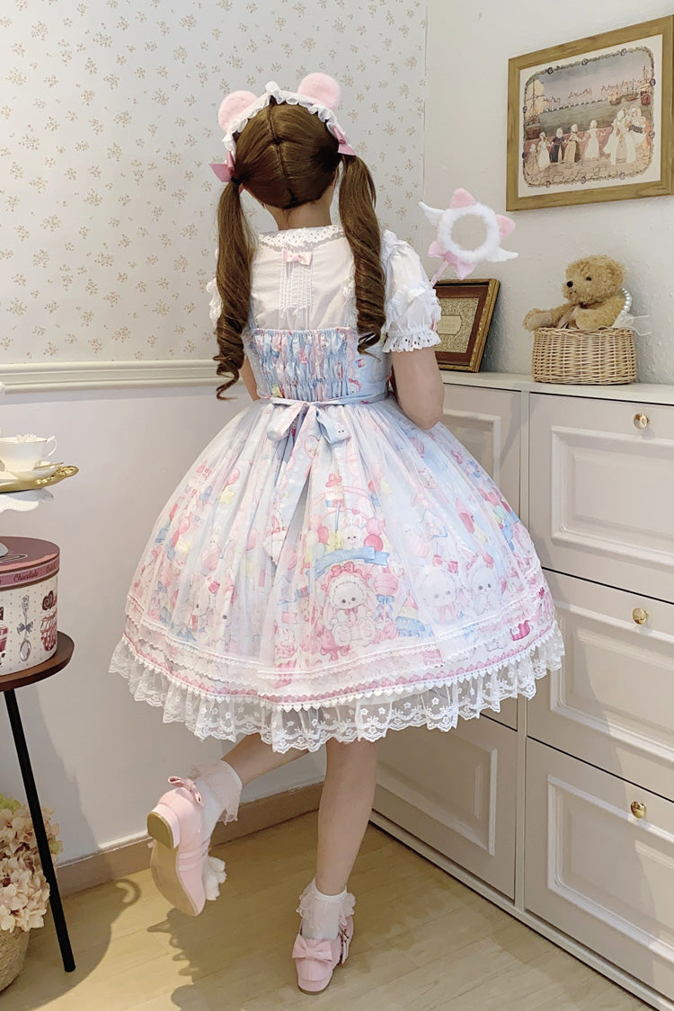 Blue Cute Rabbit Sweet Cake Print Ruffle Bowknot Lace Sweet Lolita Jsk Dress