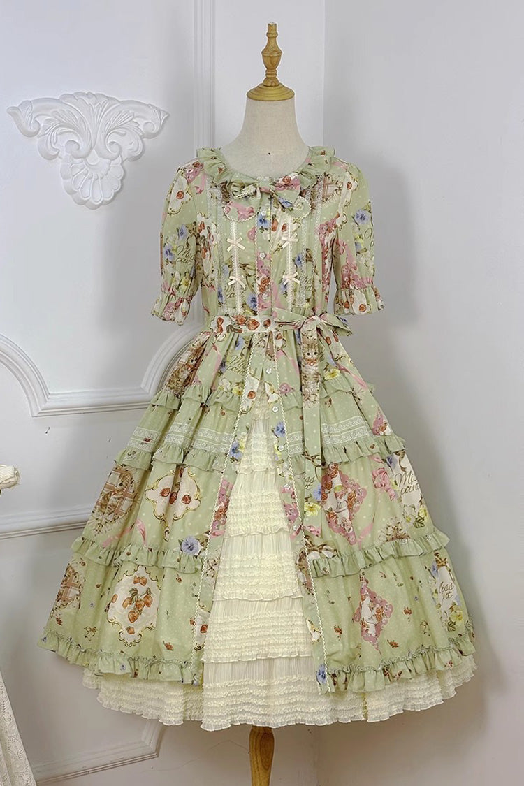 Green Cat Rose Tea Short Sleeves Print Ruffle Cardigan Bowknot Daily Sweet Lolita Dress