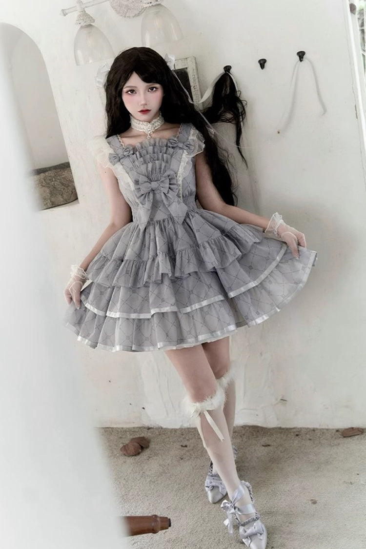 Grey Sleepless Dreams Multi-layer Print Ruffle Bowknot Sweet Elegant Lolita Jsk Dress