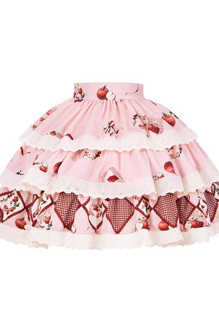 Pink Triple-Layered Apple Orchard Print Ruffle Embroidery Sweet Lolita Short Skirt