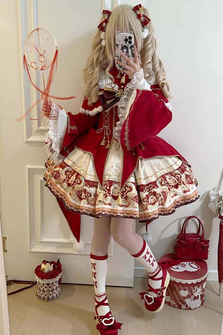 Red New Year Print Ruffle Bowknot Lace-Up Sweet Chinese Style Lolita Jsk Dress