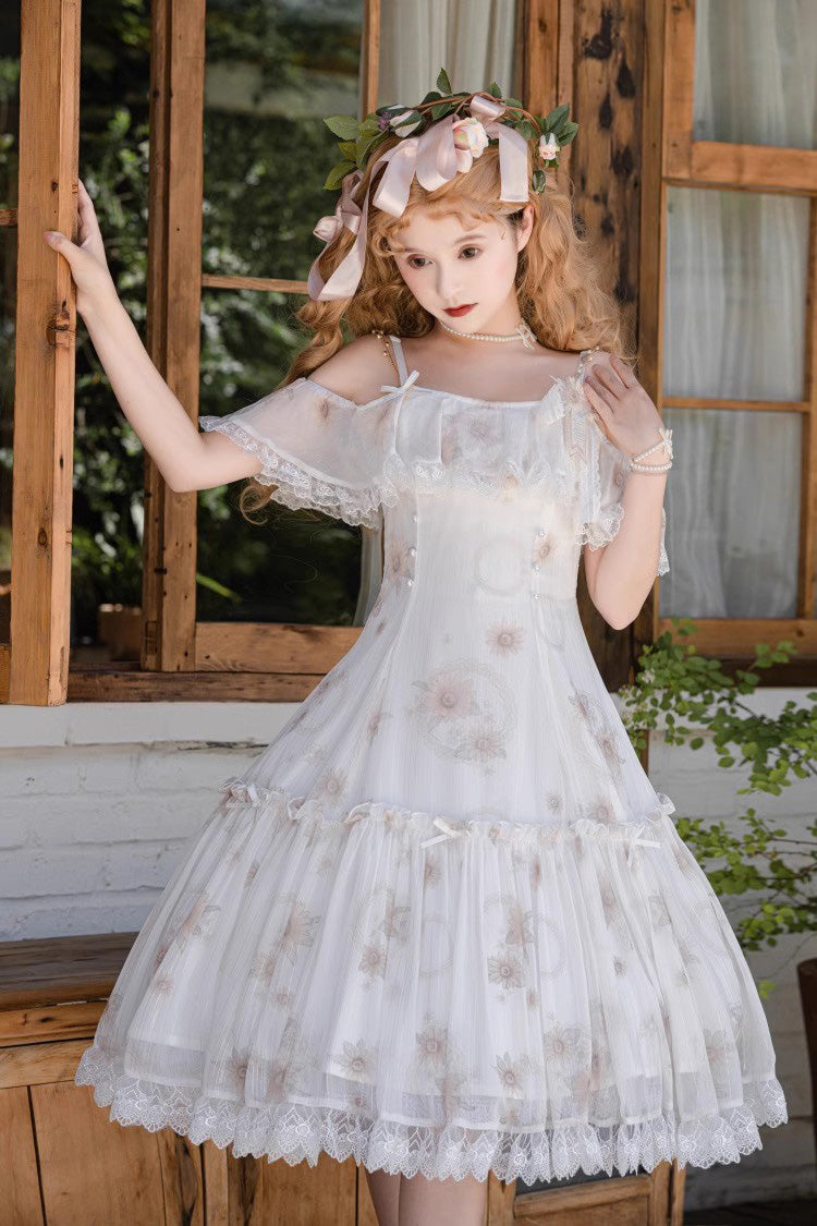 White Sunflower Dance Print Sweet Elegant Princess Lolita Jsk Dress