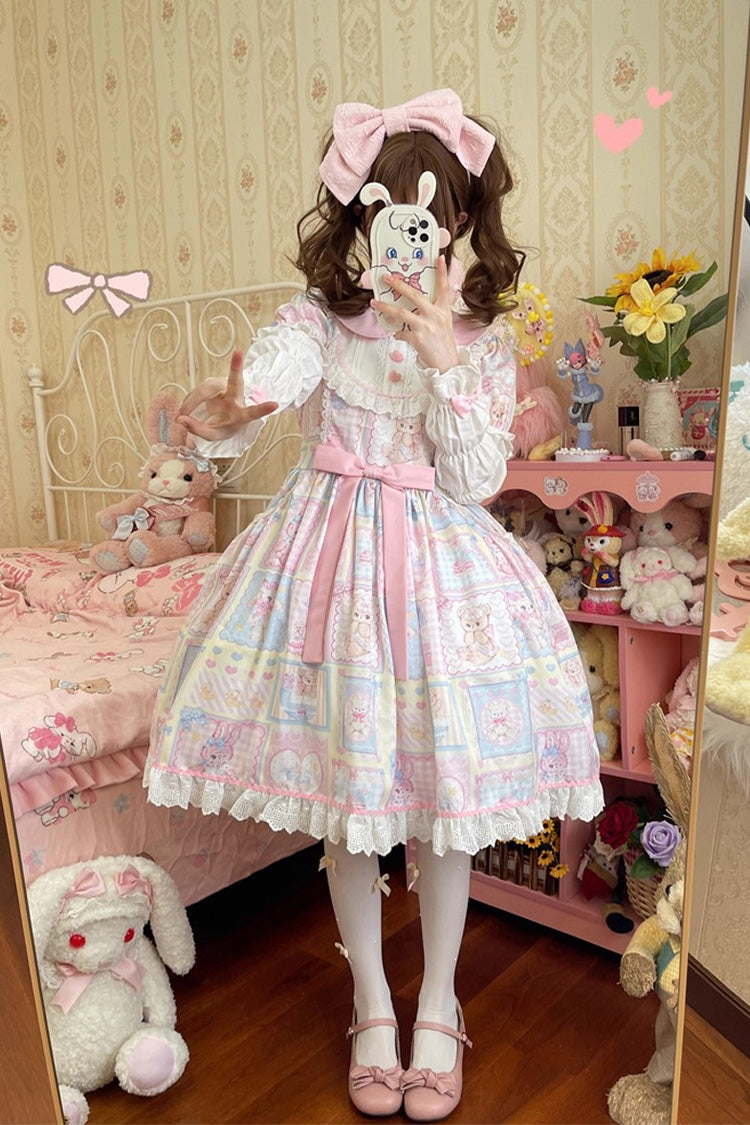 Sweetheart Bunny Bear Lapel Collar Long Sleeves Print Ruffle Bowknot Sweet Lolita Dress 3 Colors