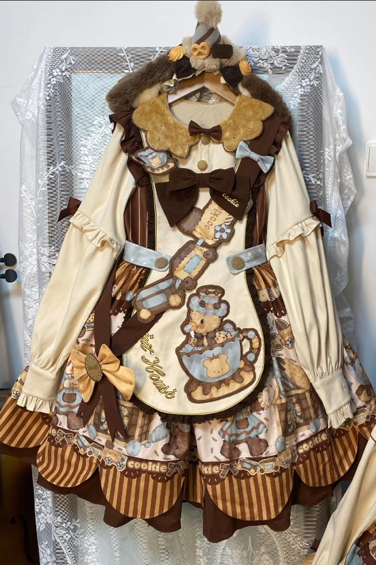 Bear Cookies Print Long Sleeves Ruffle Bowknot Sweet Lolita OP Dress 2 Colors