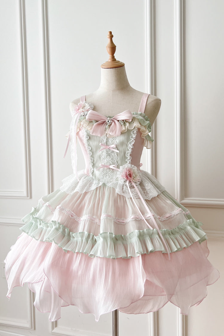 Pink/Green Summer Garden Ruffle Embroidery Bowknot Lace Sweet Lolita Jsk Short Dress