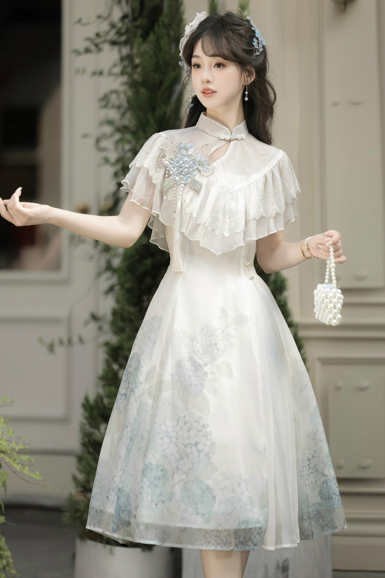 White Hydrangea Message Short Sleeves Print Ruffle Lace Sweet Chinese Style Elegant Lolita Short Dress
