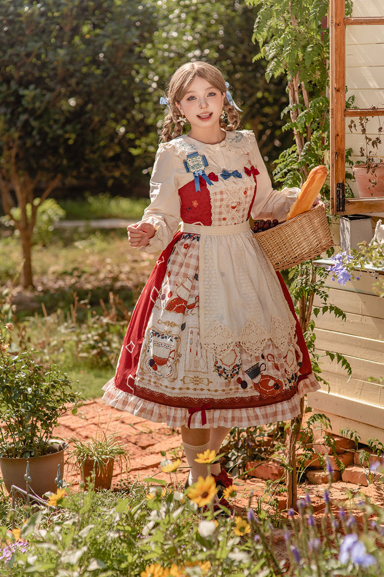 Red Tea Party Print Ruffle Bowknot Lace Sweet Elegant Lolita Jsk Dress