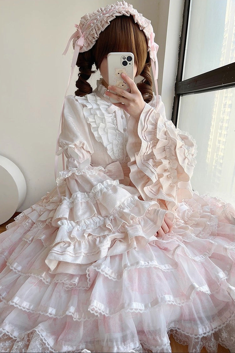 Pink The Soloist Doll Long Hime Sleeves Multi-Layered Print Ruffle Bowknot Asymmetric Sweet Lolita Dress