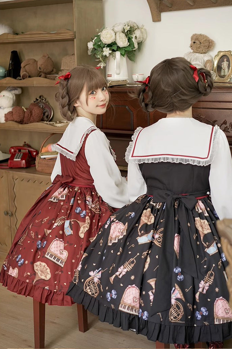 Bear Band Long Sleeves Print Ruffle Bowknot Lace Sweet Elegant Princess Lolita Dress 3 Colors