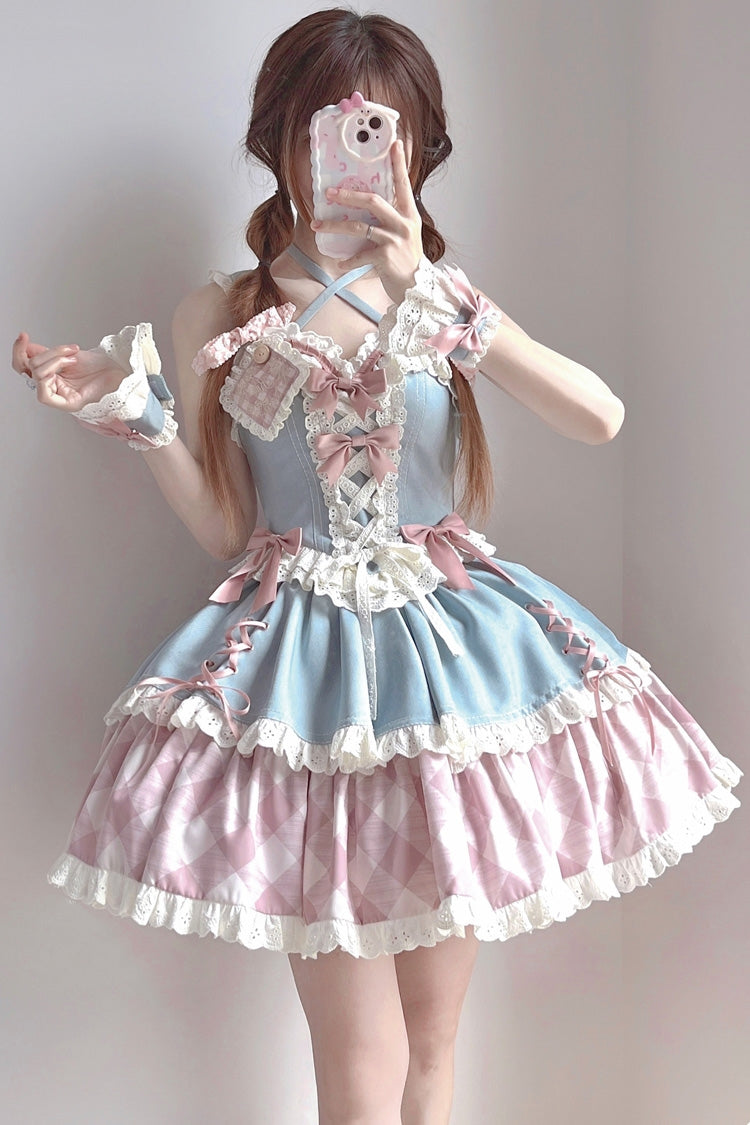 Blue/Pink Sweetheart Cowboy Plaid Print Ruffle Bowknot Sweet Lolita Skirt Set