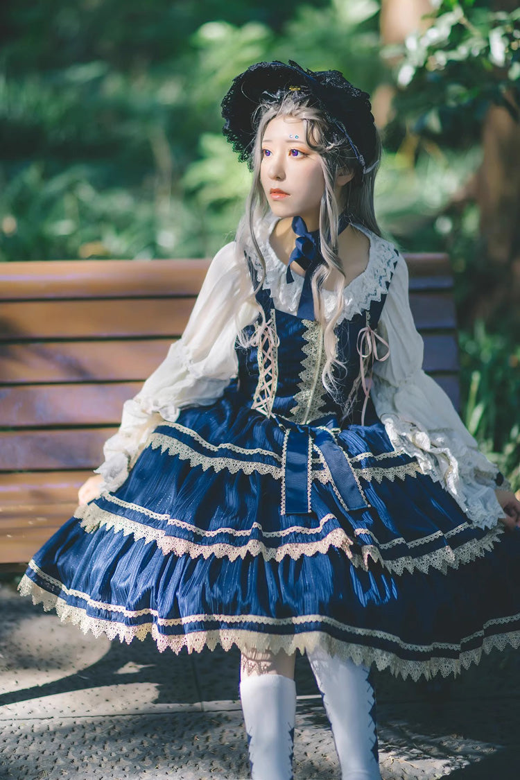 Dark Blue Three-section Cake Sleeveless Ribbon Sweet Lolita Tiered Dress