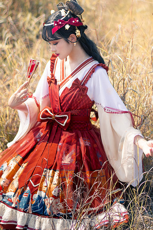 Wine Ukiyolu Cat Print Long Sleeves Chinese Style Fake Two Pieces Bowknot Ruffled Sweet Lolita OP Dress