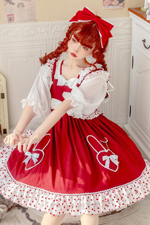 Red High Waisted Ruffled Hem Bowknot Sweet Lolita JSK Dress
