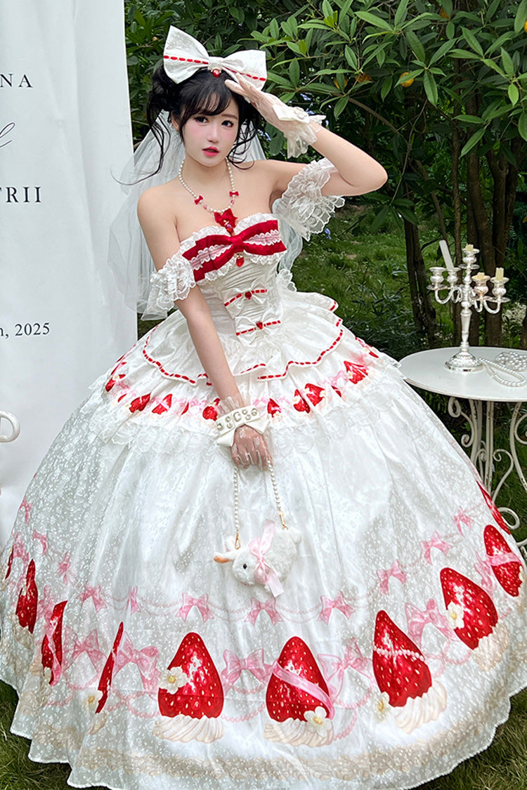 White True Love Strawberry Print Off Shoulder Sleeveless Ruffle Bowknot Lace Sweet Princess Lolita Dress Set