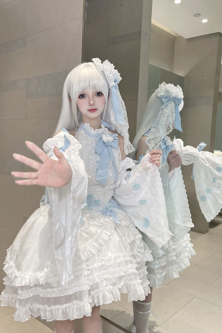White Detachable Long Trumpet Sleeves Triple-Layered Ruffle Hanayome Bowknot Lace Sweet Lolita Dress